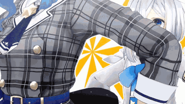 a close up of a person 's arm with a plaid shirt