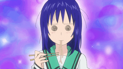 a girl with blue hair is eating spaghetti with chopsticks