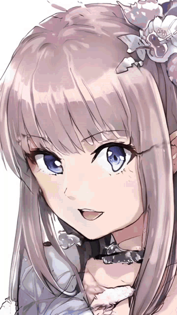 a close up of a girl 's face with a flower in her hair