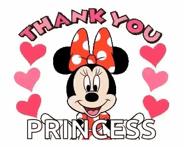 a cartoon of minnie mouse with a bow and the words `` thank you princess '' surrounded by pink hearts .