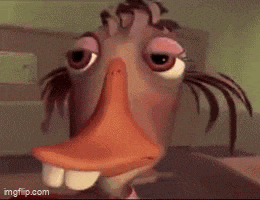 a close up of a cartoon duck with big teeth