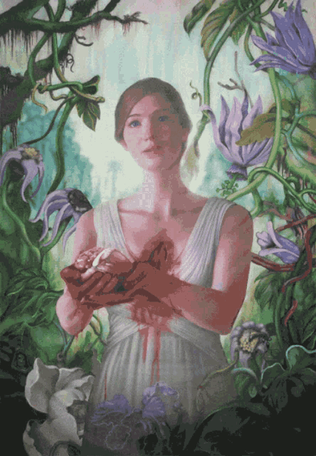 a painting of a woman in a white dress surrounded by flowers and plants