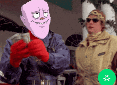 a cartoon character holding a stack of money next to a man in sunglasses