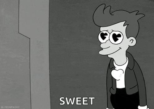 a black and white cartoon of a man with hearts in his eyes and the word sweet in the bottom right corner