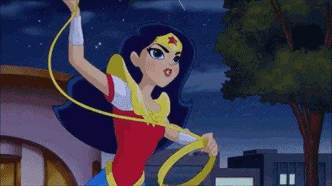 a cartoon drawing of wonder woman holding a yellow rope