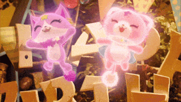 a purple and a pink cat are dancing in front of a pile of letters