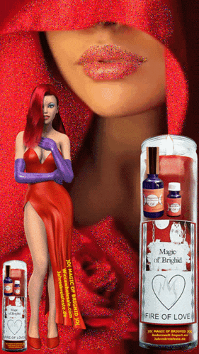 a woman in a red dress is next to a candle that says fire of love on it