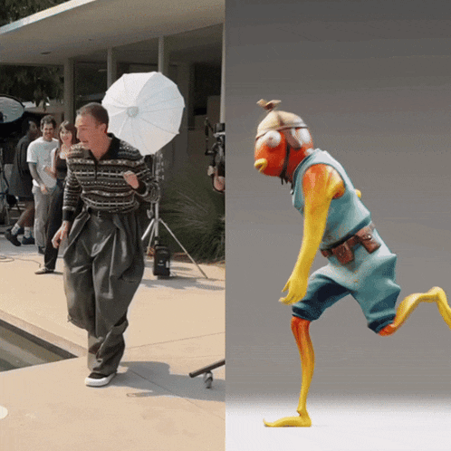 a man holding a white umbrella next to a cartoon character
