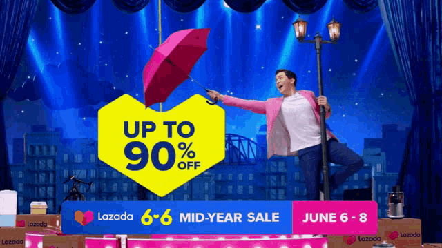 a man is holding an umbrella in front of a sign that says up to 90 percent off