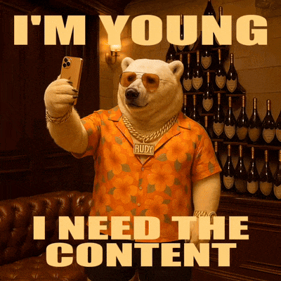 a polar bear taking a selfie with the words i 'm young i need the content below him