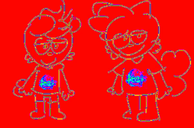 two cartoon characters are standing next to each other on a orange background