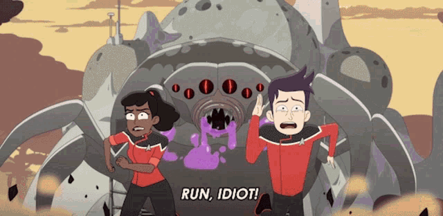 a cartoon character says run idiot in front of an alien