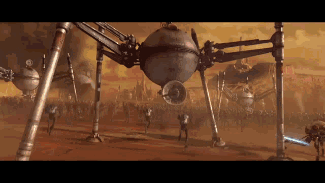 a group of robotic soldiers are walking in a field