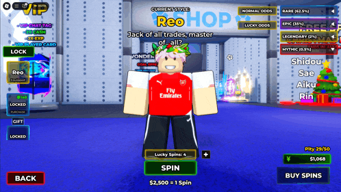 a person in a red fly emirates shirt stands in front of a reo shop sign
