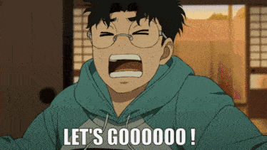 a cartoon character with glasses and a hoodie says let 's gooooo