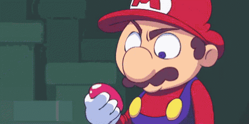 a pixel art drawing of mario holding a pink item .