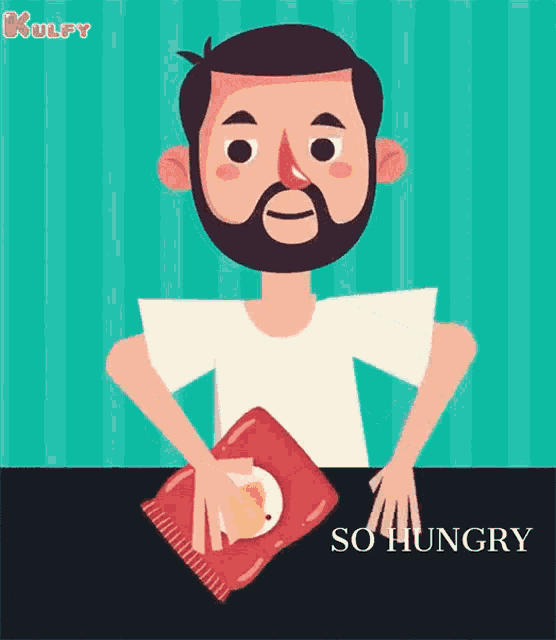 a man with a beard is sitting at a table holding a bag of chips and says so hungry