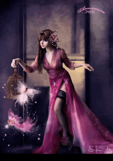 a woman in a pink dress is holding a bird cage with feathers coming out of it