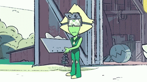 a cartoon character wearing a helmet and goggles is holding a metal object