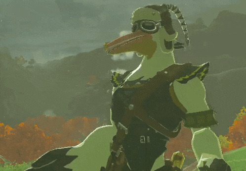 a cartoon bird wearing a helmet and goggles is standing in a field