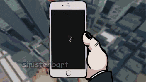 a cartoon of a hand holding a cell phone with the name sinisterbart on the bottom right