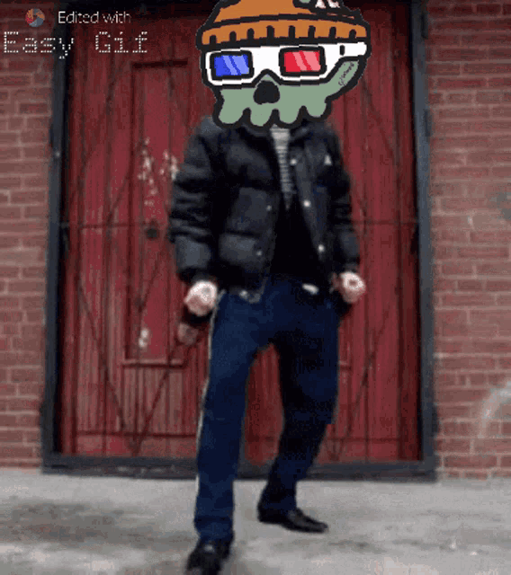 a man wearing 3d glasses is dancing in front of a red brick wall