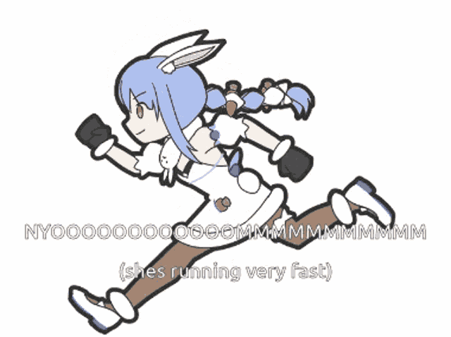 a cartoon of a bunny girl running with the caption " she 's running very fast " below her