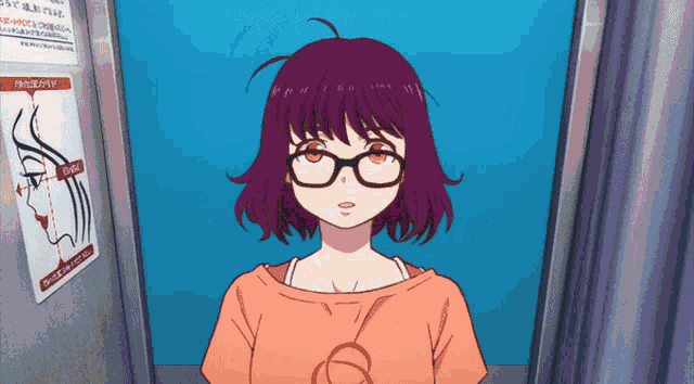 a girl wearing glasses is standing in front of a sign that says ' facial measurements '