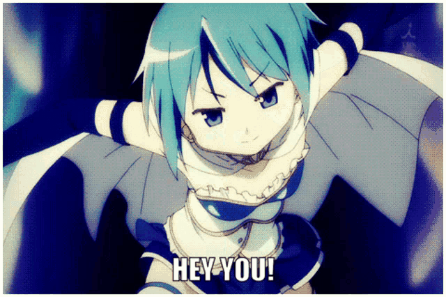 a picture of a girl with blue hair and the words hey you