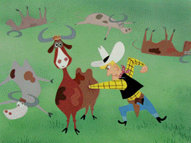 a cartoon of a cowboy chasing a herd of cows in a field