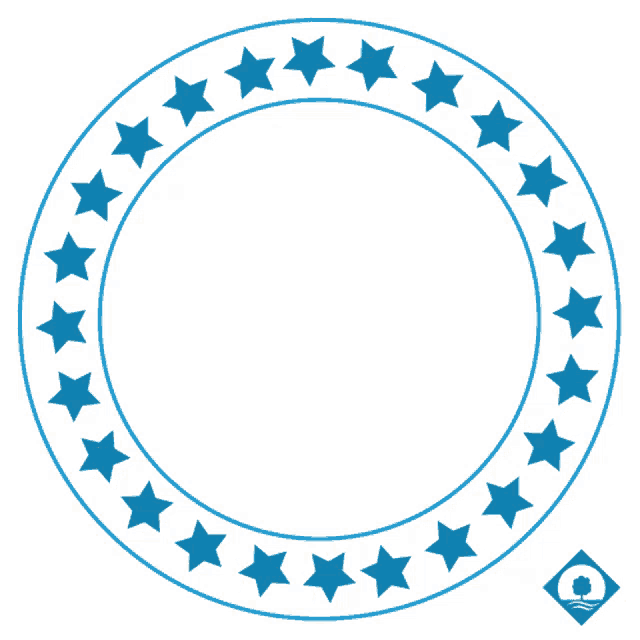 a blue and orange circle with the words bom dia written inside