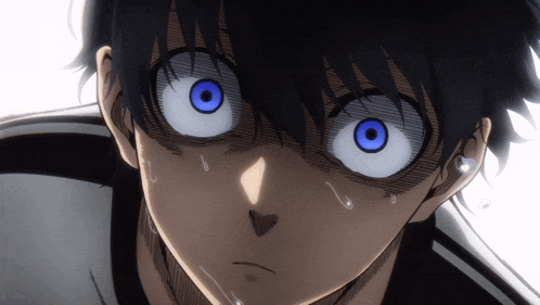 a close up of a anime character with blue eyes