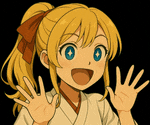 a girl with blonde hair and blue eyes is waving her hand