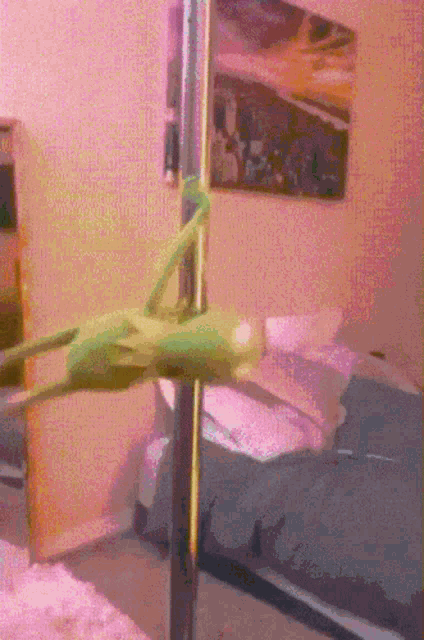 a green grasshopper is hanging from a pole in a bedroom