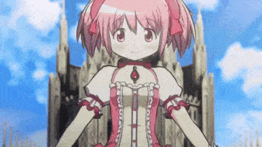 a pink haired anime girl is standing in front of a building .