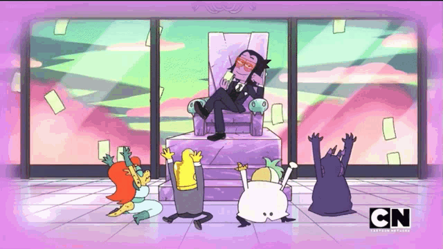 a cartoon of a man sitting on a throne with the cn logo on the bottom