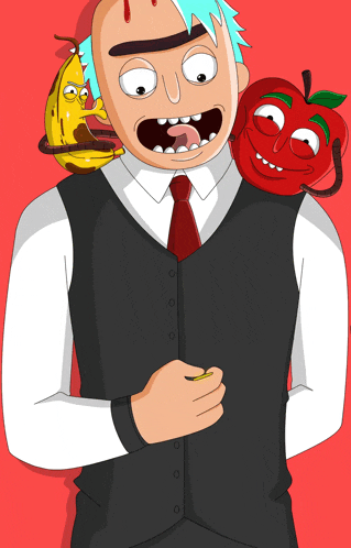 a cartoon character with a banana and an apple on his shoulder