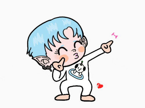 a cartoon drawing of a girl with blue hair pointing at the word i love you