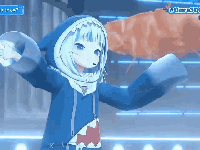 a girl in a shark costume is dancing in front of a sign that says cura3d