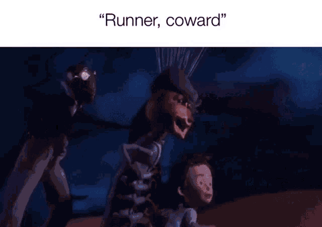 a cartoon character is standing in the dark with the words `` runner , coward '' written on the bottom .