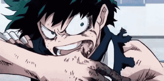a cartoon character is biting another character 's arm .