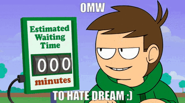 a cartoon character is standing in front of an estimated waiting time sign