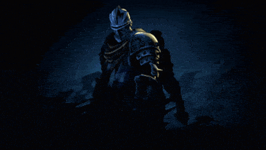 a knight is holding a sword in the dark with a glowing helmet on
