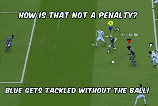 a soccer game is being played and a player named ninja turtle is trying to get the ball