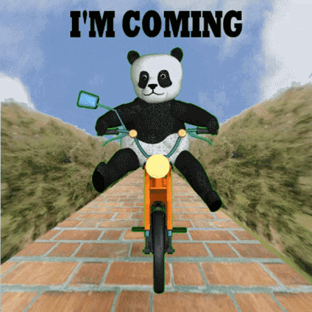 a panda bear is riding a motorcycle with the words i 'm coming behind him