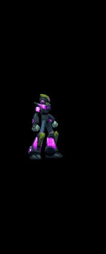 a computer generated image of a robot with purple arms and legs