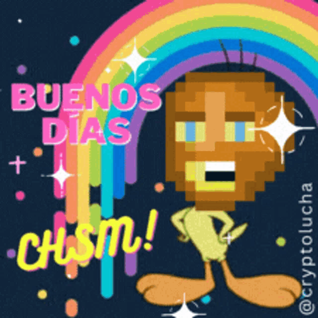 a cartoon character with a rainbow in the background and the words buenos dias chism