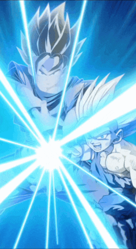 a cartoon of a man and a boy fighting each other with a blue background