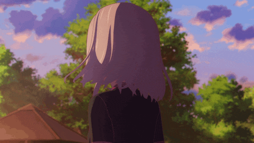 a girl with long white hair stands in front of trees and a blue sky