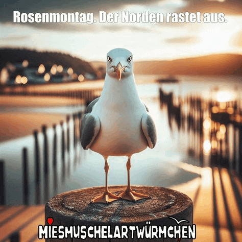 a seagull standing on top of a wooden stump with the words rosenmontag der norden rastet aus